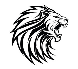 Obraz premium A high-contrast black and white vector illustration of a roaring lion's head,