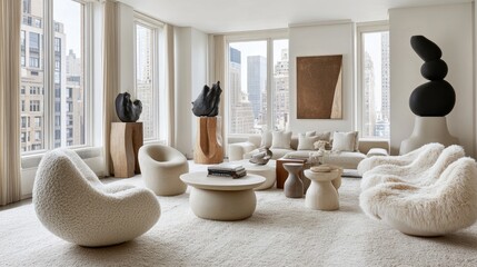 A modern living room with neutral hues, soft textures, and sculptural decor, bathed in natural light from large windows.