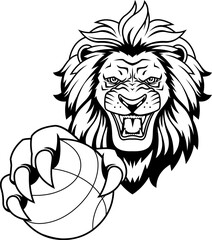 Outlined Wild Lion Clutching Basketball With Fierce Expression Sports Mascot Logo Design