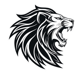 A high-contrast black and white vector illustration of a roaring lion's head,