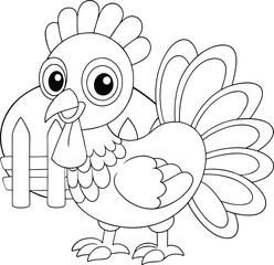 Cute Cartoon Hen Thanksgiving Farm Animal Coloring Page Illustration