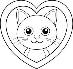 Adorable Cat Face Inside a Heart Shaped Frame, Line Art