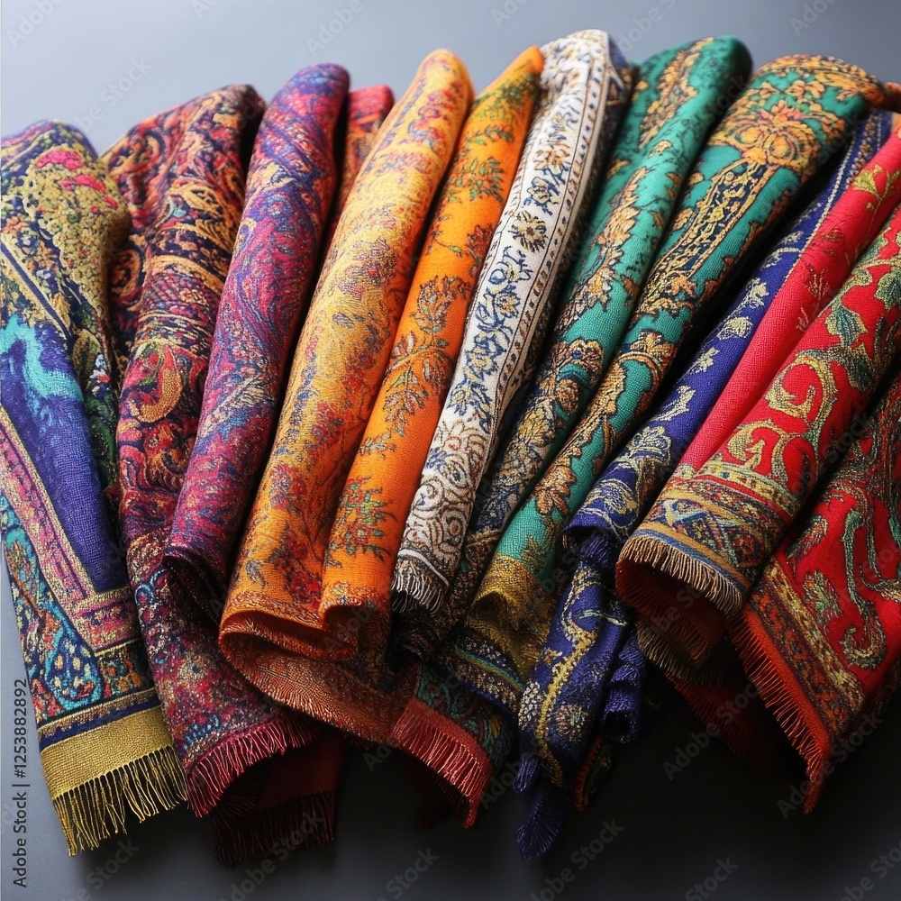 Poster a collection of colorful scarves arranged on a table, perfect for showcasing or as a decorative piec