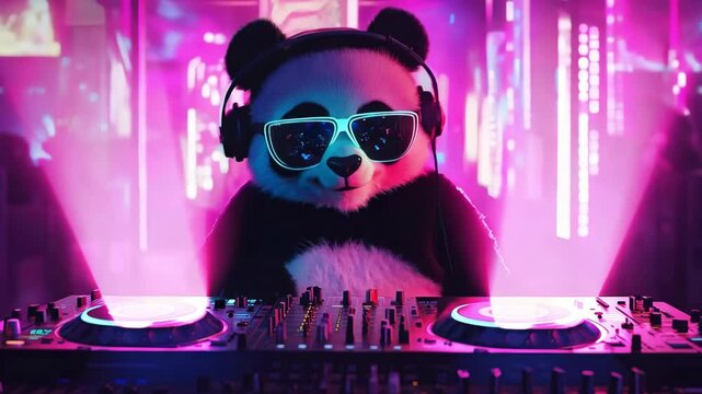 A panda dj in headphones mixes music in a lively club, surrounded by colorful neon lights and an excited crowd