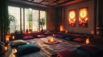 Fototapeta premium Candlelit Meditation Room with Floor Cushions