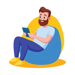 Handsome Cartoon Beard Man Using Smartphone on Blue Bean Bag ? 3D Render & Clipart.eps