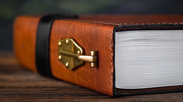 Close-up of a beautifully crafted leather-bound book with a brass clasp resting on a wooden surface
