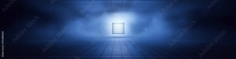 Poster empty room with tiled floor, mist and a glowing grid in the center. concept of futuristic space. for