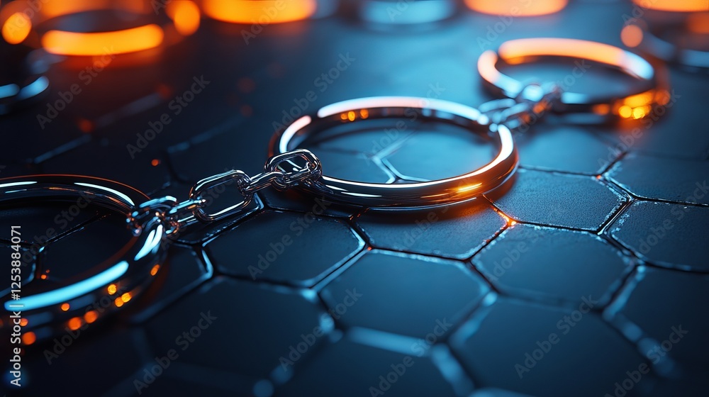 Aufkleber close-up of shiny metallic chains on a hexagonal background with glowing orange accents, creating a 