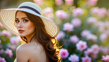 Graceful young woman in wide-brimmed hat posing with floral background in soft sunlight