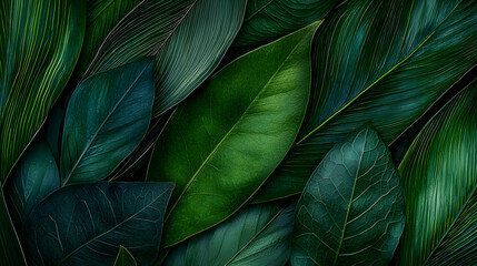 Lush green tropical leaves background, nature texture