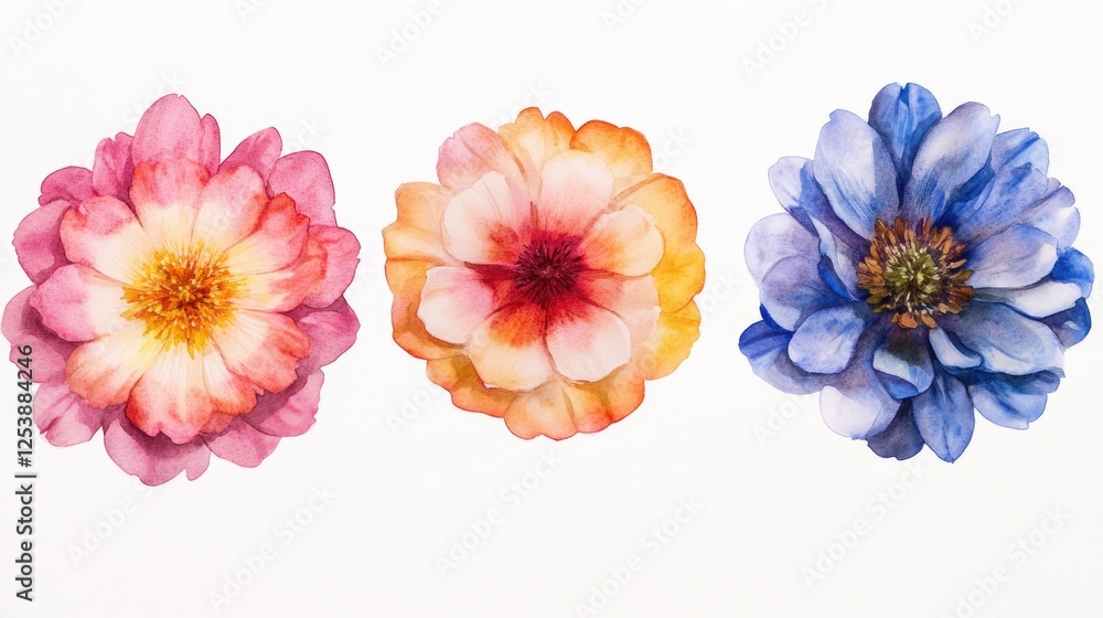 Poster flowers arranged on a white surface in three different colors