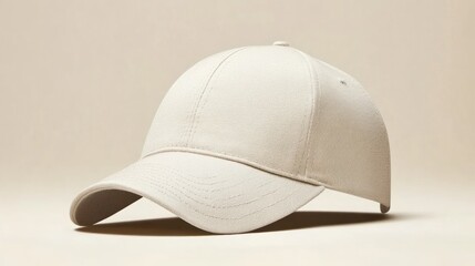 Fototapeta premium Beige baseball cap mockup, studio shot, neutral background, apparel design