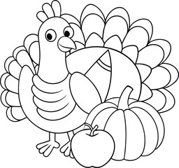Thanksgiving Turkey, Pumpkin, Apple, Coloring Page, Autumn Harvest, Fall Festivities, Cute Cartoon, 