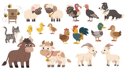 Farm animals male and female set. Cartoon children's families of village cattle and birds. Cow and bull, ram and sheep, chicken and rooster and other families of animals on the farm.