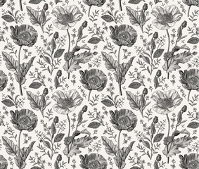 Seamless pattern. Beautiful blooming realistic isolated flowers. Vintage background fabric. Poppy Poppies wildflowers set. Wallpaper baroque. Drawing engraving sketch Vector victorian illustration © Наталья Лобенко