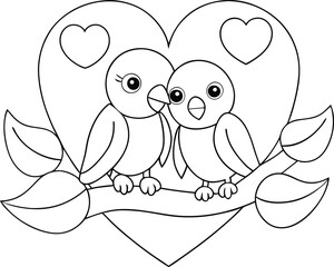 Cute Lovebirds Perched on Branch Inside Heart Valentines Day Coloring Page