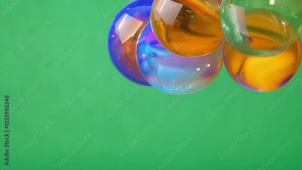 Poster iridescent gas spheres that shift colors as they move adding vibrancy to the green backdrop. green s