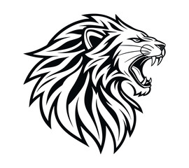 A high-contrast black and white vector illustration of a roaring lion's head,