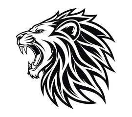 A high-contrast black and white vector illustration of a roaring lion's head,