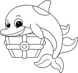 Adorable Cartoon Dolphin Perched on Treasure Chest, Ocean Fun