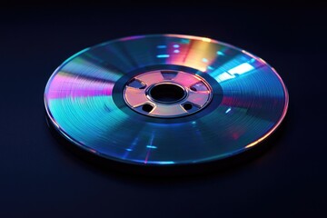 A close-up of a shiny disc sitting on a black surface, perfect for use in product or technology-related contexts