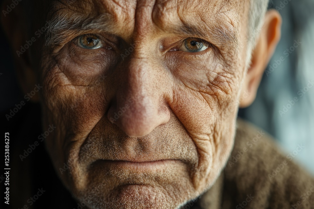 Poster close-up portrait of an elderly man with deep wrinkles and age-related features