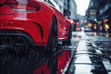 A bright red sports car is parked on a wet street, ready to hit the road