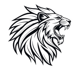 A high-contrast black and white vector illustration of a roaring lion's head,