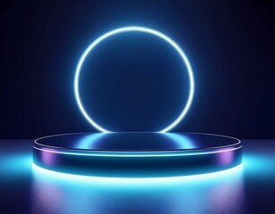 Background podium 3D light neon blue platform stage product abstract. Scene background 3D podium dark pedestal room glow studio empty stand floor night modern circle show space display game led black.