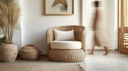 A stylish woven chair rests in a bright, airy space with abstract artwork on the wall. A soft blur of a figure walking by gives life to the scene. -