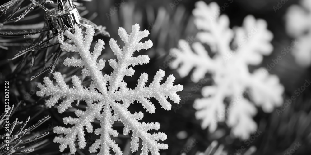 Poster A close-up shot of a unique snowflake resting on a tree branch, perfect for winter or nature-themed designs