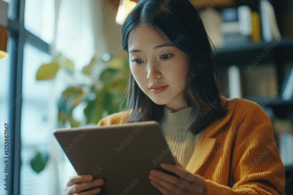 Poster A woman sits at a desk or table using a tablet computer, possibly working or browsing