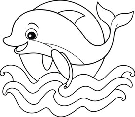 Happy Dolphin Coloring Page Ocean Waves, Marine Life, Aquatic Animal