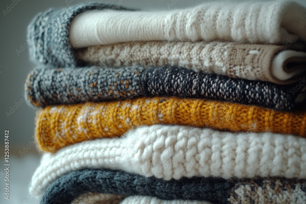 Poster a collection of sweaters stacked high, perfect for displaying or storing