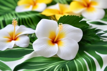 Fototapeta premium White and yellow hibiscus flowers on a tropical leaf print fabric, background.
