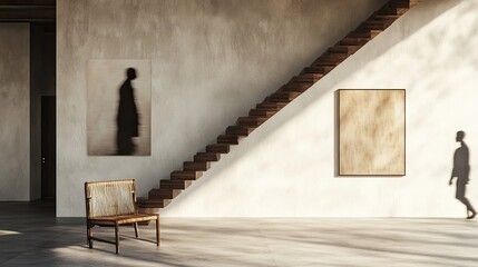 A warm, textural balance--woven chair against a minimalist backdrop, with an abstract artwork leaning on the wall. A figure in motion adds energy.