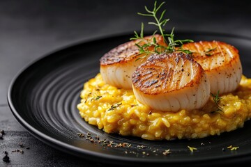 Fresh sea scallops served on a black plate with yellow corn, great for food photography or marketing materials