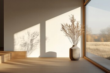 Modern home interior, sunlight, shadows, tranquil country view