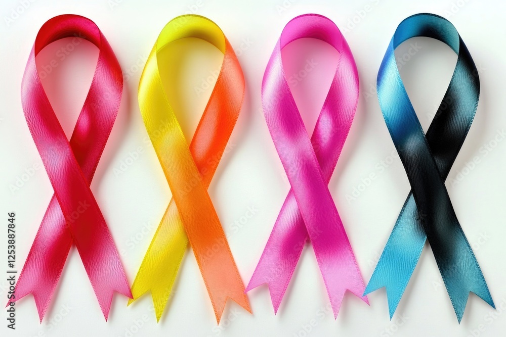 Poster a collection of four colorful ribbons lying on a white background, ideal for use in craft projects o
