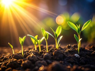 Sunlight illuminates hopeful new beginnings: tender plants in dark earth, spring's rebirth.