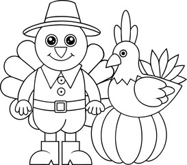 Thanksgiving Pilgrim Turkey Cartoon, Coloring Page, Fall Harvest, Cute Hen, Pumpkin