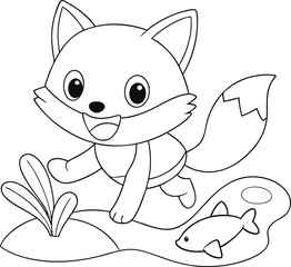 Adorable Cartoon Fox Near Water, Coloring Page, Simple Design