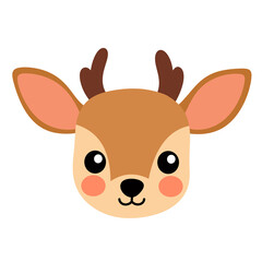 Cute deer face with antlers, cartoon animal head icon.