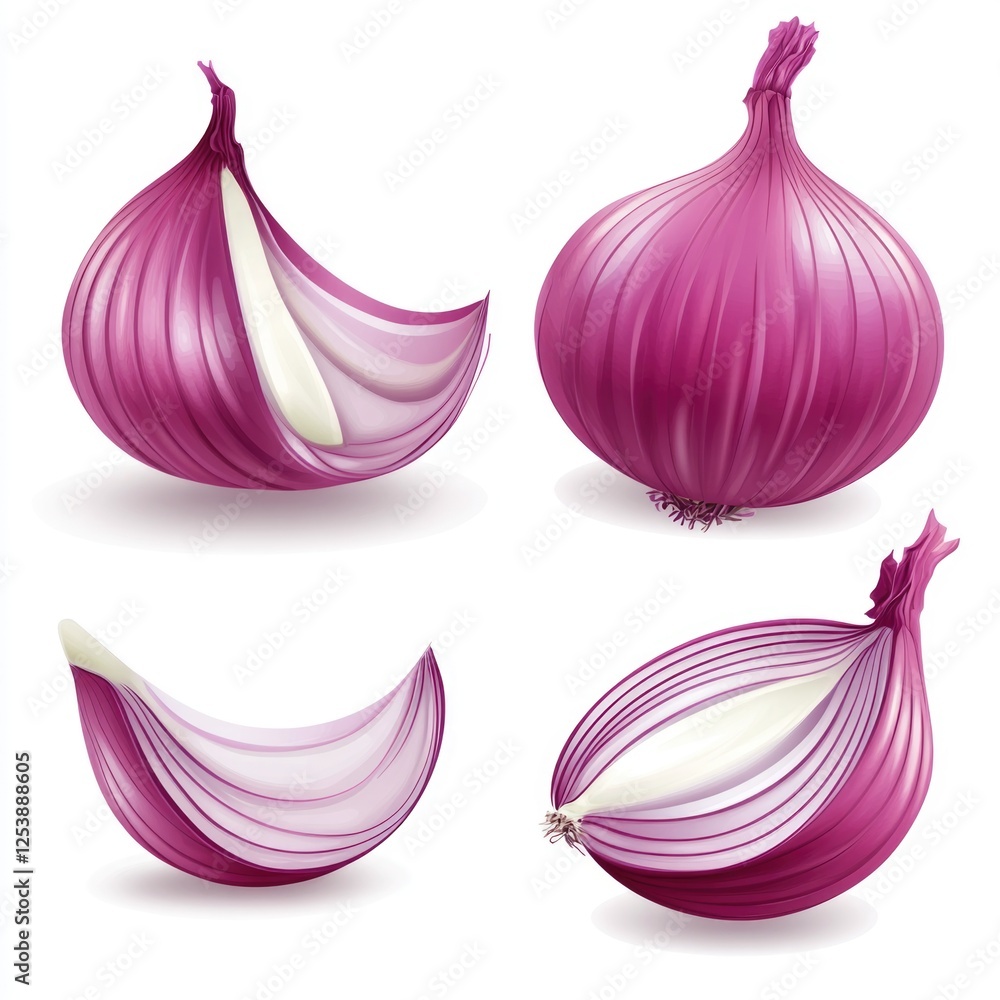 Poster fresh onion slices arranged neatly on a white background, ready for use in various culinary applicat