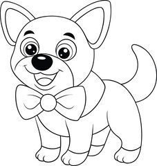 Adorable Cartoon Puppy Outline, Coloring Page, Dog, Bowtie, Pet, Cute, Canine, Drawing, Illustration