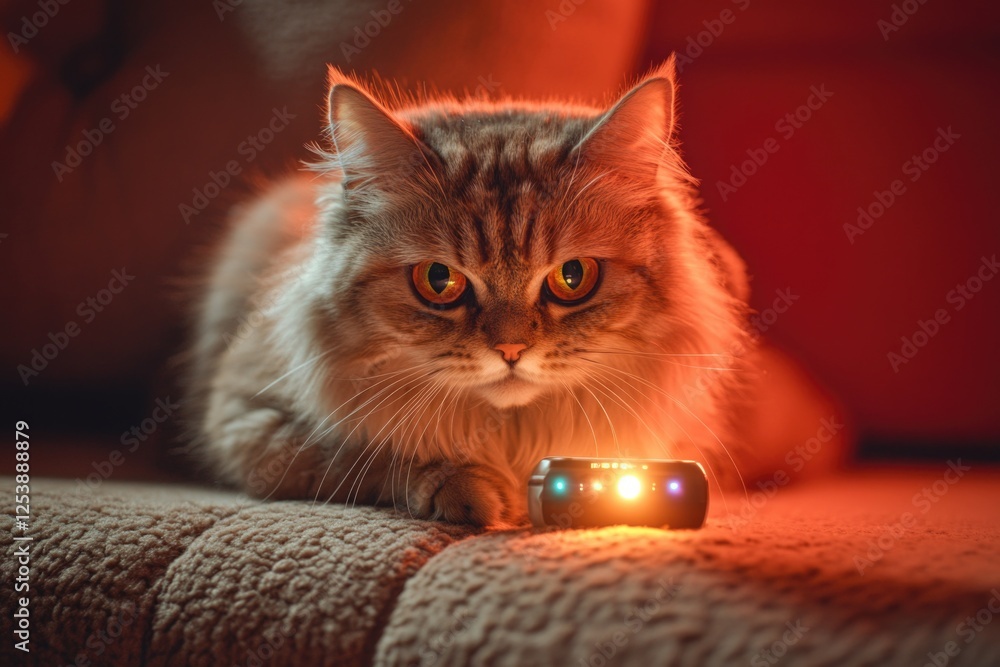 Poster A cat is lying on a couch next to a remote control