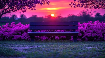 Serene Sunset: A park bench bathed in the warm glow of a vibrant sunset, framed by blossoming purple flowers.
