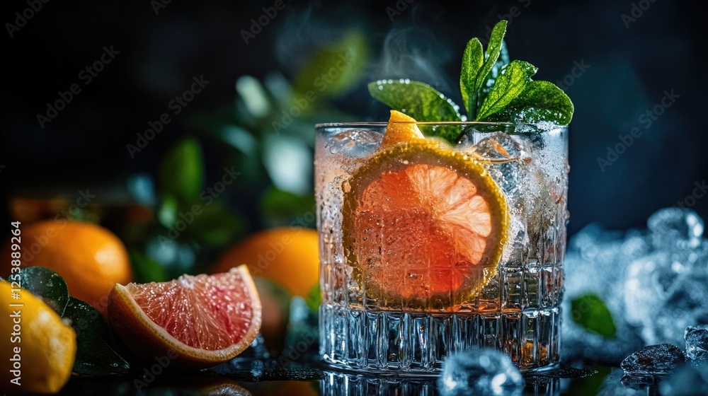 Poster a close-up view of a glass filled with water and a slice of grapefruit, perfect for everyday use or 