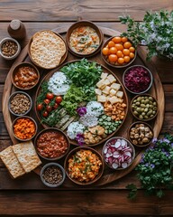 Fototapeta premium top view of Passover Seder food on table